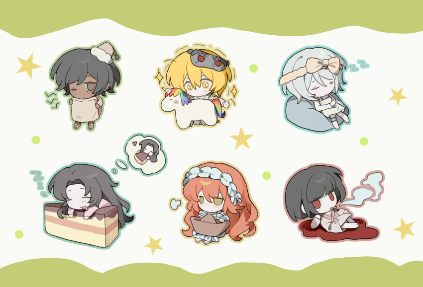 6+girls, black_hair, blonde_hair, bob_cut, cake, closed_eyes, closed_mouth, commentary, don_quixote_(project_moon), dreaming, eye_mask, faust_(project_moon), food, green_eyes, hat, highres, ishmael_(project_moon), limbus_company, lmojn3, long_hair, mask, mini_person, minigirl, multiple_girls, nightcap, nightgown, orange_hair, outis_(project_moon), pajamas, pillow, project_moon, rodion_(project_moon), ryoshu_(project_moon), short_hair, sidelocks, sleepwear, symbol-only_commentary, unicorn, vergilius_(project_moon), very_long_hair, white_hair, yellow_eyes