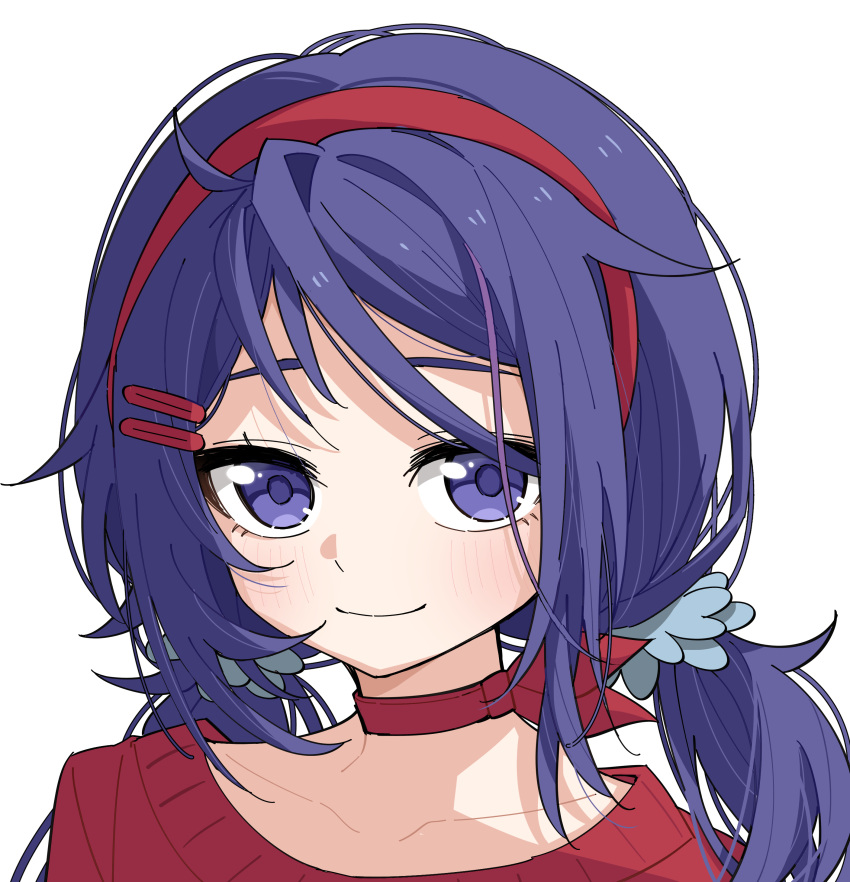 1girl, absurdres, alephan, blush, choker, closed_mouth, collarbone, commentary, crazy_mita_(miside), hair_ornament, hairband, hairclip, highres, looking_at_viewer, low_twintails, miside, mita_(miside), portrait, purple_hair, red_choker, red_hairband, simple_background, smile, solo, twintails, upper_body, violet_eyes, white_background