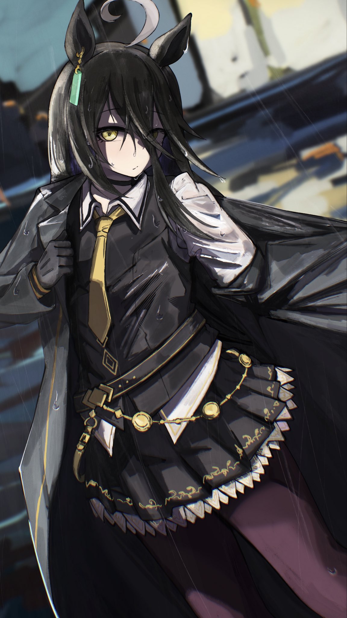 1girl, :/, ahoge, animal_ears, belt, black_belt, black_choker, black_coat, black_gloves, black_hair, black_pantyhose, black_skirt, black_vest, book-16key, choker, coat, commentary_request, concept_maihime_(idolmaster), ear_ornament, ear_tag, earrings, gloves, hair_between_eyes, hand_up, hem_peeking_out, highres, horse_ears, horse_girl, jewelry, long_hair, long_hair_between_eyes, long_sleeves, manhattan_cafe_(creeping_shadow)_(umamusume), manhattan_cafe_(umamusume), multicolored_hair, necktie, open_clothes, open_coat, pantyhose, pleated_skirt, removing_coat, shirt, single_earring, skirt, solo, umamusume, vest, wet, wet_clothes, wet_hair, white_hair, white_shirt, yellow_eyes, yellow_necktie