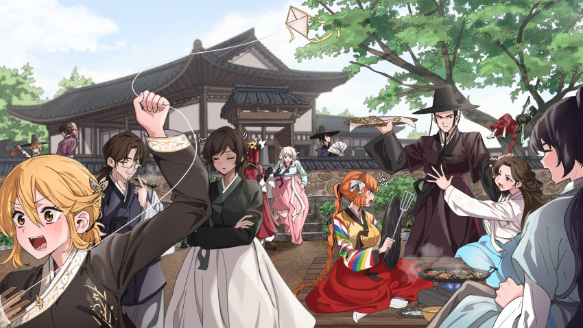 1other, 6+boys, 6+girls, absurdres, architecture, black_hanbok, blonde_hair, blue_skirt