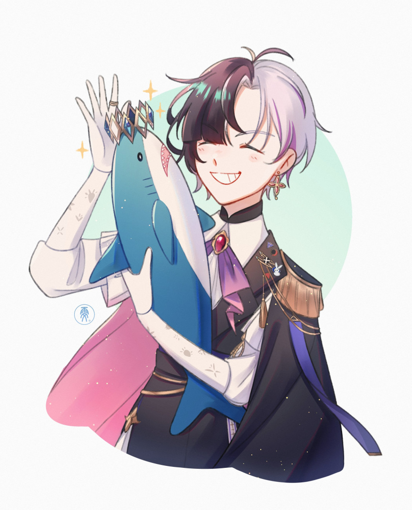 1girl, absurdres, androgynous, antenna_hair, ascot, black_hair, blush, chromashift