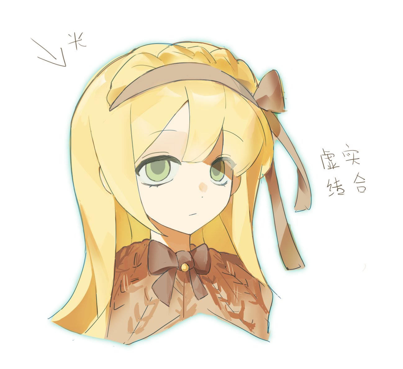 1girl, blonde_hair, bow, bowtie, braid, brown_bow, brown_bowtie, brown_capelet