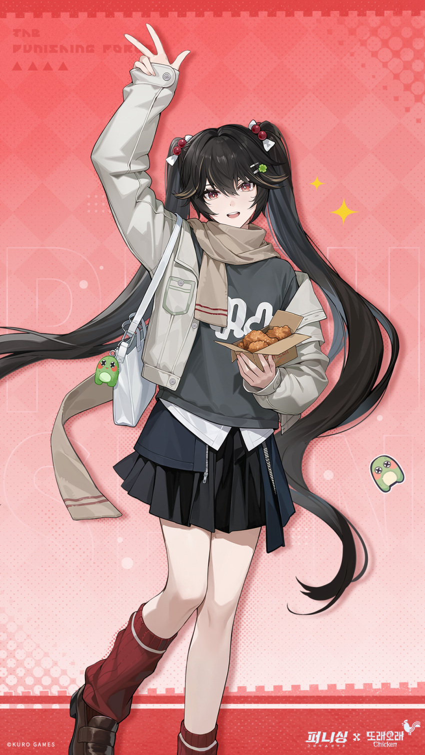 1girl, arm_up, bag, black_hair, black_skirt, brown_scrunchie, brown_shoes, chicken_(food), commentary_request, food, fried_chicken, grey_jacket, hair_ornament, hairclip, highres, holding, jacket, knit_socks, korean_commentary, loafers, long_hair, lucia_(pgr), official_art, open_clothes, open_jacket, open_mouth, punishing:_gray_raven, red_eyes, red_socks, scrunchie, shirt, shoes, shoulder_bag, skirt, smile, socks, solo, standing, teeth, twintails, upper_teeth_only, very_long_hair, white_bag, winter_clothes