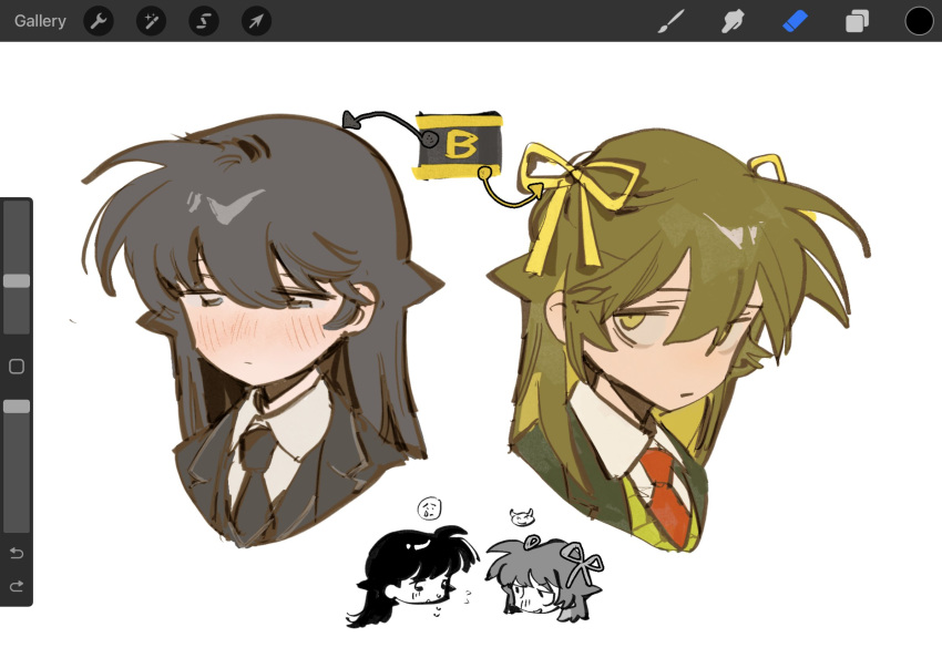 2girls, black_eyes, black_hair, black_swan_(e.g.o), blush, brown_hair, closed_mouth, e.g.o_(project_moon)