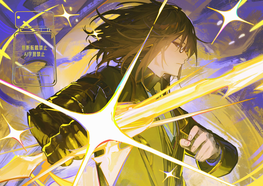 1boy, arknights, black_coat, black_gloves, brown_eyes, brown_hair, coat, e.g.o_(project_moon), floating_hair, gloves, gregor_(project_moon), highres, holding, holding_sword, holding_weapon, limbus_company, looking_at_viewer, male_focus, medium_hair, necktie, project_moon, sin_82, single_glove, solo, sword, unbrilliant_glory_(e.g.o), weapon, yellow_necktie