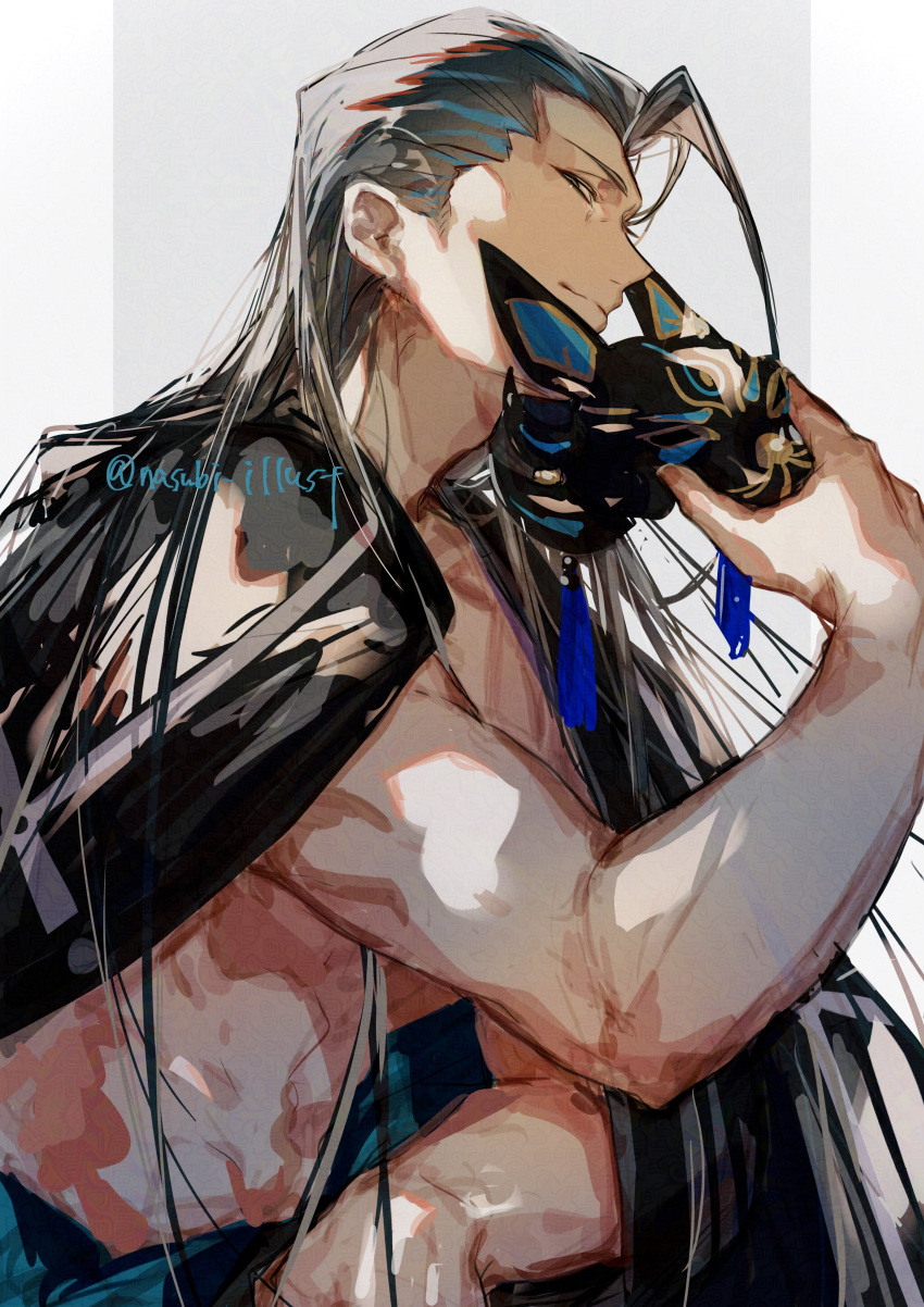 1boy, absurdres, commentary_request, fate/grand_order, fate_(series), hair_slicked_back, haori_on_shoulders, highres, holding, holding_mask, kondou_isami_(fate), kondou_isami_(second_ascension)_(fate), long_hair, looking_at_viewer, male_focus, mask, nasubi_illust, profile, smile, solo, topless_male, twitter_username