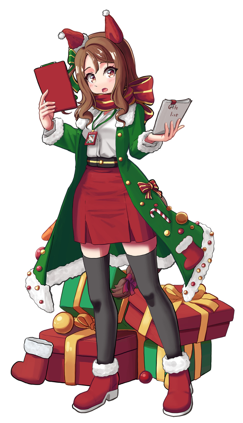 1girl, animal_ears, black_thighhighs, boots, box, brown_hair, christmas, coat