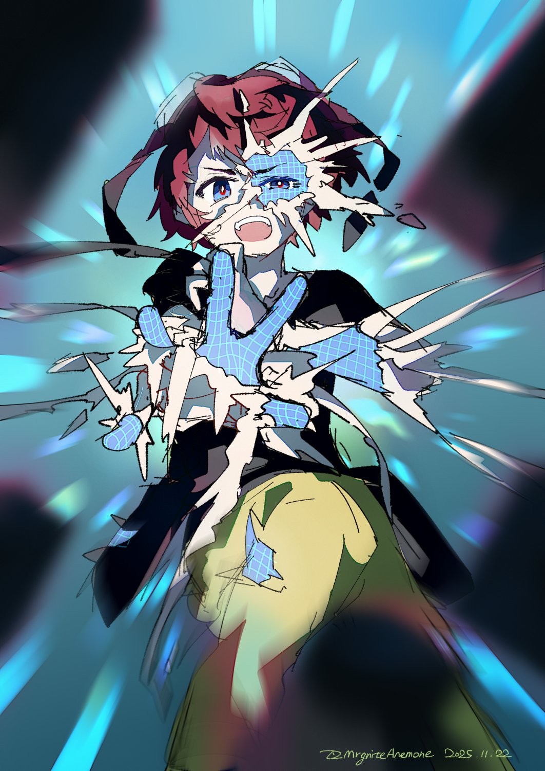 1boy, aiba_takumi, black_shirt, blue_background, blue_eyes, blurry, blurry_foreground, commentary