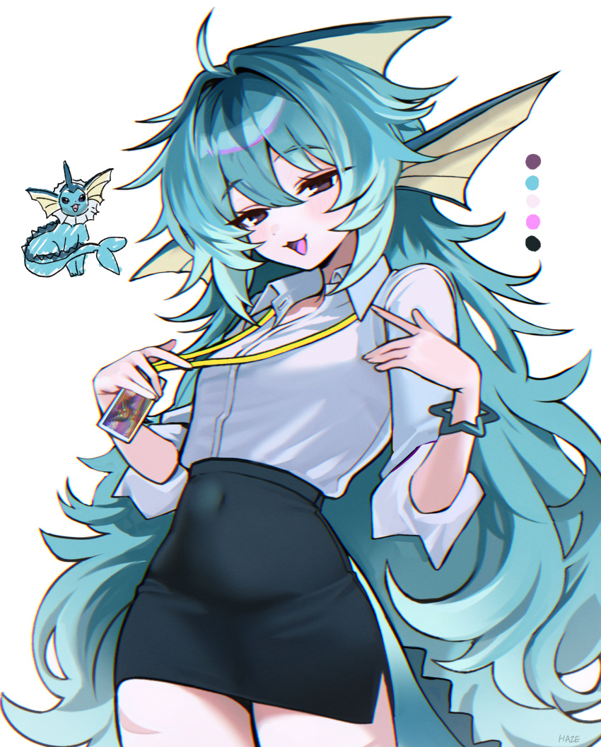 1girl, absurdres, animal_ears, aqua_hair, artist_name, black_eyes, black_skirt, collared_shirt