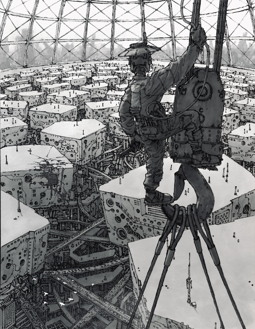 1boy, absurdres, boots, bridge, city, cityscape, crane_(machine), facing_away