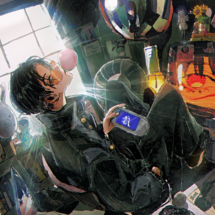 1boy, backlighting, black_jacket, black_pants, blowing_bubble_gum, bulma, chainsaw_man, character_request, chewing_gum, copyright_request, doraemon, doraemon_(character), dragon_ball, earrings, electric_fan, figure, flcl, frieren, hand_in_pocket, handheld_game_console, highres, holding, holding_handheld_game_console, indoors, jacket, jewelry, jojidoboro, light_rays, male_focus, monitor, orange-tinted_eyewear, otaku_room, oyasumi_punpun, pants, red_eyes, reflection, ringed_eyes, samejima_mamimi, scar, scar_on_face, sideways_glance, solo_focus, sousou_no_frieren, sticker, tinted_eyewear, traffic_mirror, window, yoru_(chainsaw_man)