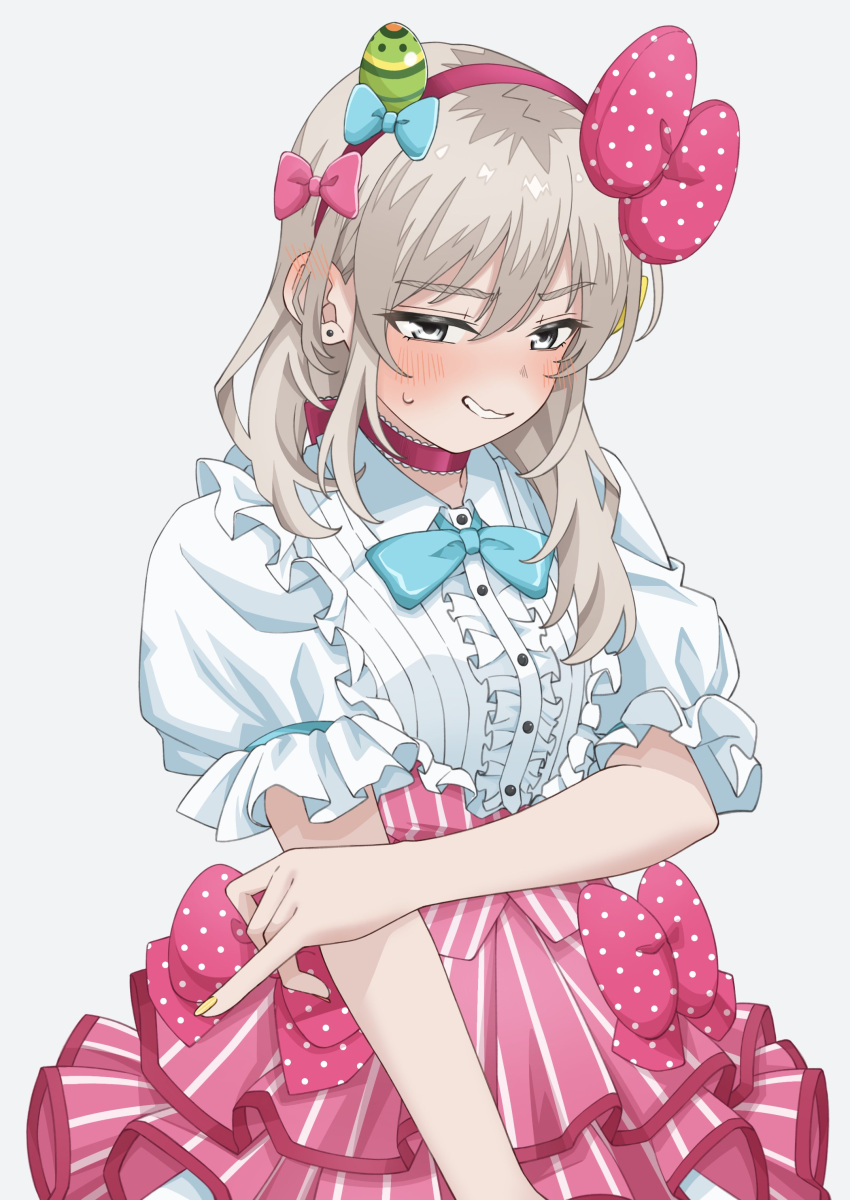 1girl, absurdres, blush, bow, center_frills, choker, commentary, commission