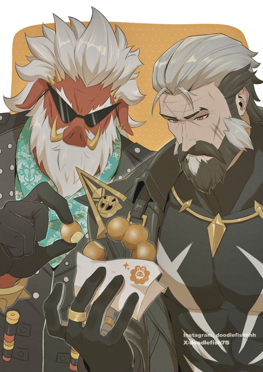 2boys, animal_ears, artist_name, beard, big_daddy_(zenless_zone_zero), black_hair, black_jacket, black_shirt