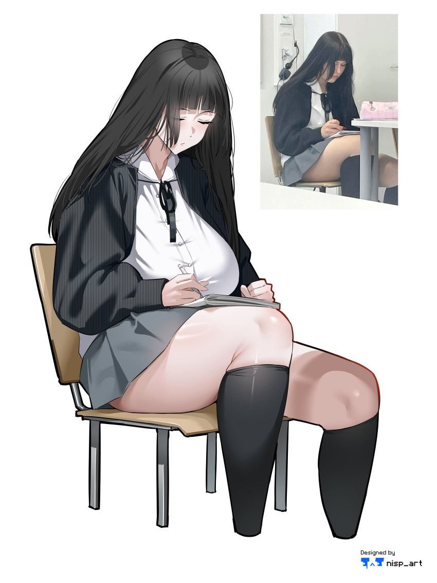 1girl, absurdres, artist_name, black_hair, black_ribbon, black_socks, black_sweater, blunt_bangs, breasts, chair, closed_eyes, closed_mouth, commentary, dress_shirt, english_commentary, grey_skirt, highres, holding, holding_pencil, huge_breasts, long_hair, looking_down, nisp_art, notebook, original, pencil, photo_inset, pleated_skirt, puffy_sleeves, reference_inset, ribbon, school_chair, school_uniform, shirt, simple_background, sitting, skirt, socks, solo, sweater, thick_thighs, thighs, white_background, white_shirt, writing