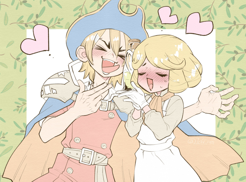>_<, 1boy, 1other, armor, ascot, belt, blonde_hair, blue_cape