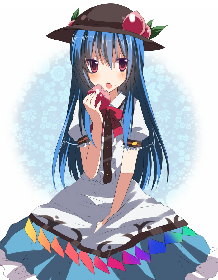 blue_eyes, blue_hair, eating, emyu, food, fruit, fujishiro_emyu, hat