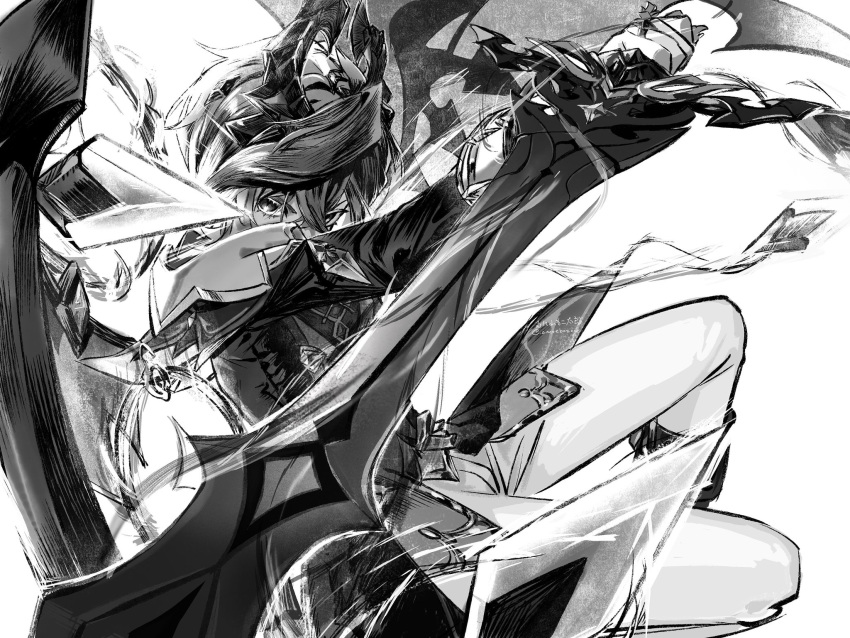 1boy, amoebozoa, dragon, dragon_boy, dragon_horns, dragon_wings, genshin_impact, greyscale