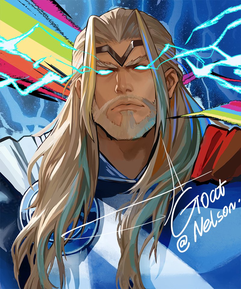 1boy, agoatnelson, armor, artist_name, beard, blonde_facial_hair, blonde_hair, blue_eyes, cape, circlet, commentary, english_commentary, facial_hair, glowing, glowing_eyes, lightning, long_hair, looking_at_viewer, male_focus, marvel, official_alternate_costume, parted_bangs, rainbow, red_cape, solo, thor_(marvel), thor_(marvel)_(series), upper_body