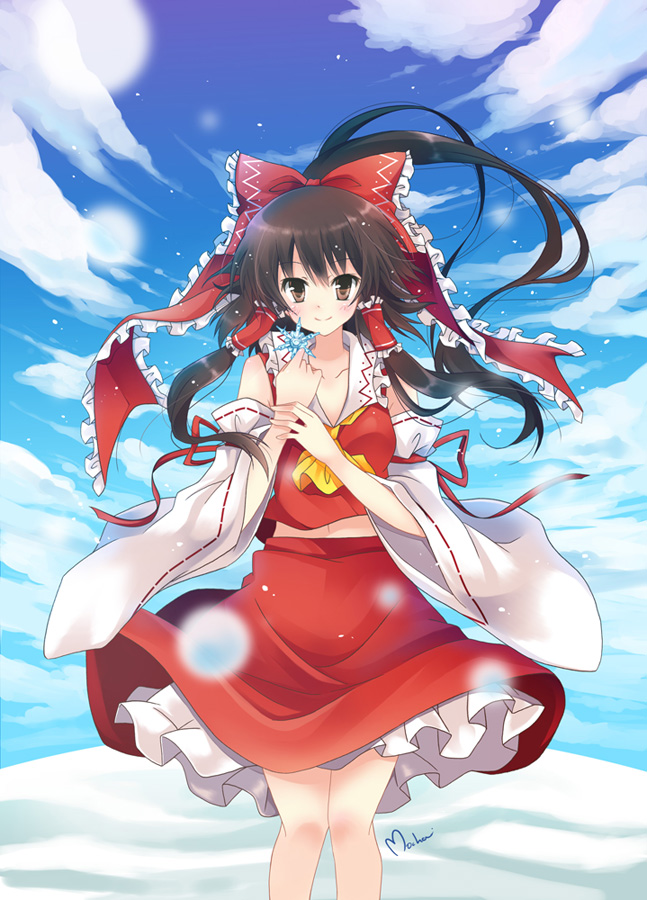 ascot, black_hair, blush, bow, brown_eyes, brown_hair, cloud, clouds, detached_sleeves, dress, hair_bow, hair_tubes, hairtubes, hakurei_reimu, long_hair, midriff, miko, mocha_(naturefour), navel, ponytail, red_dress, skirt, sky, smile, snow_flake, snowflakes, solo, touhou