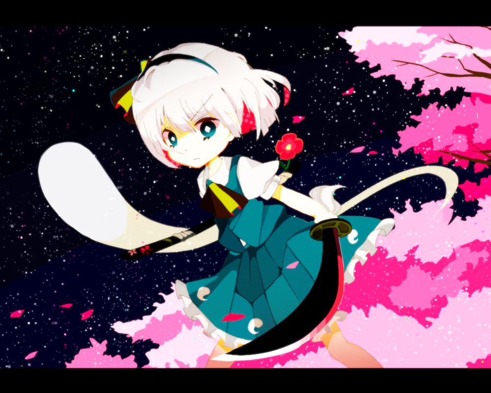 bad_id, blue_eyes, cherry_blossoms, dress_shirt, flower, ghost, hairband, hitodama