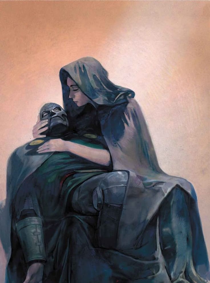 1boy, 1girl, black_cloak, cape, cloak, closed_eyes, couple, cradling_head, doctor_doom, fantastic_four, fine_art_parody, green_cape, green_tunic, grey_armor, harrypotte35100, hashtag-only_commentary, hetero, lady_loki, loki_(marvel), lying_on_lap, lying_on_person, marvel, mask, metal_mask, muted_color, orange_background, parody, pieta, profile, thor_(marvel)_(series), tunic, unconscious