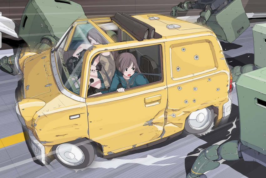 2girls, aqua_shorts, bullet_hole, car, driving, gear_shift, green_serafuku, highres