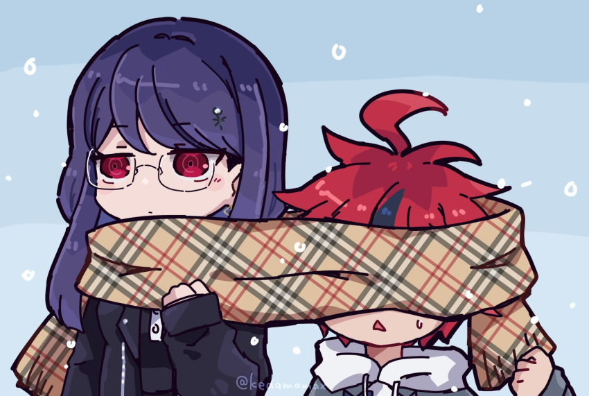 1boy, 1girl, ahoge, black_dress, black_jacket, black_streaks, chibi, chibi_only