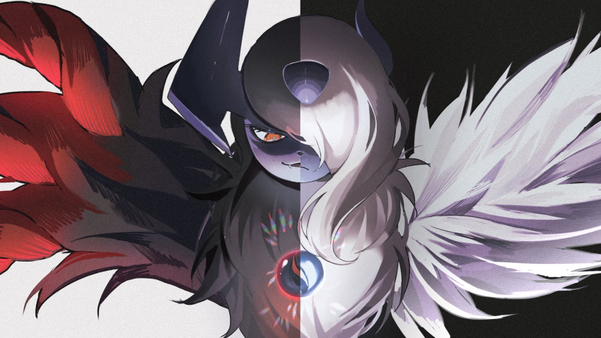 absol, bright_pupils, commentary_request, fang, fang_out, highres, looking_down, mega_absol