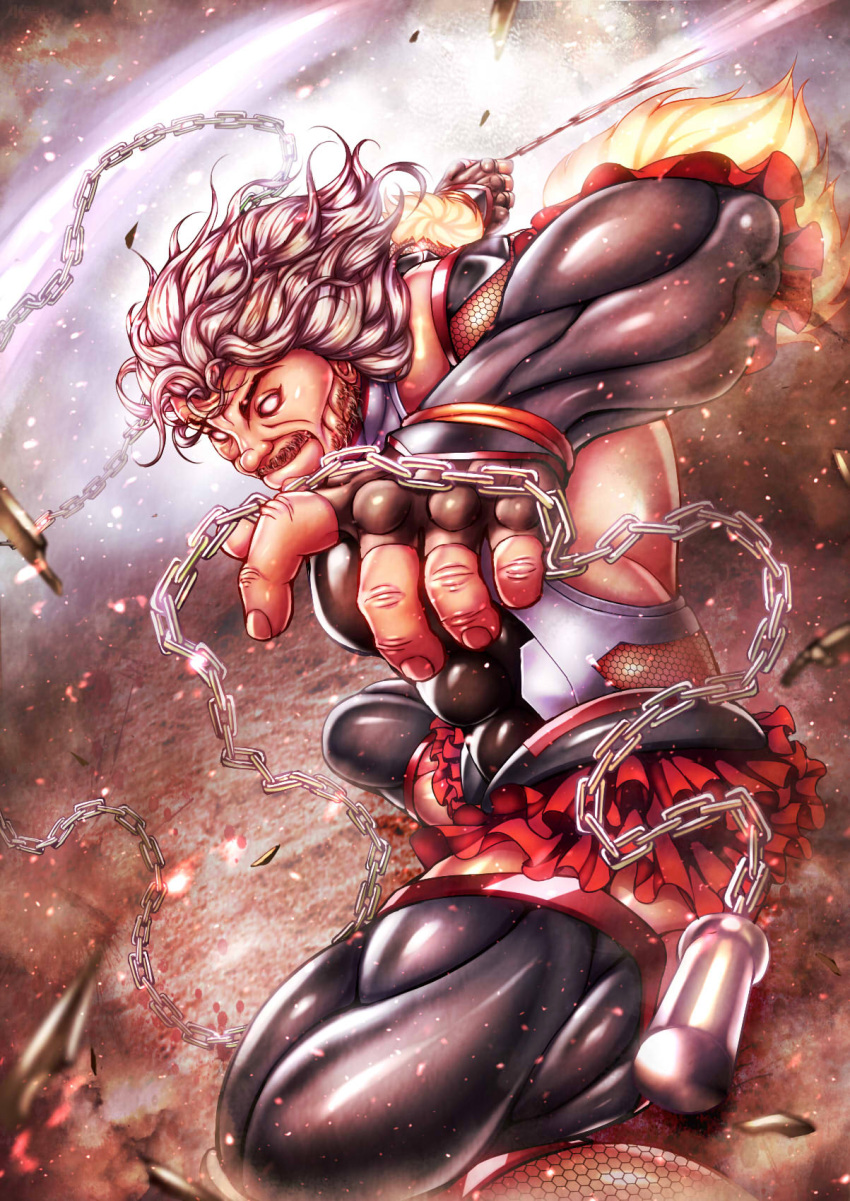 1boy, beard, black_gloves, blank_eyes, chain, closed_mouth, commentary_request, cosplay, crossover, facial_hair, fingerless_gloves, floating_hair, gloves, grappler_baki, grey_hair, hangetsuban_sonshou, highres, holding, holding_weapon, impossible_clothes, impossible_leotard, kusari-fundo, leotard, mizuki_yukikaze, mizuki_yukikaze_(cosplay), motobe_izou, muscular, muscular_male, mustache, short_hair, skin_tight, solo, taimanin_(series), taimanin_suit, taimanin_yukikaze, weapon