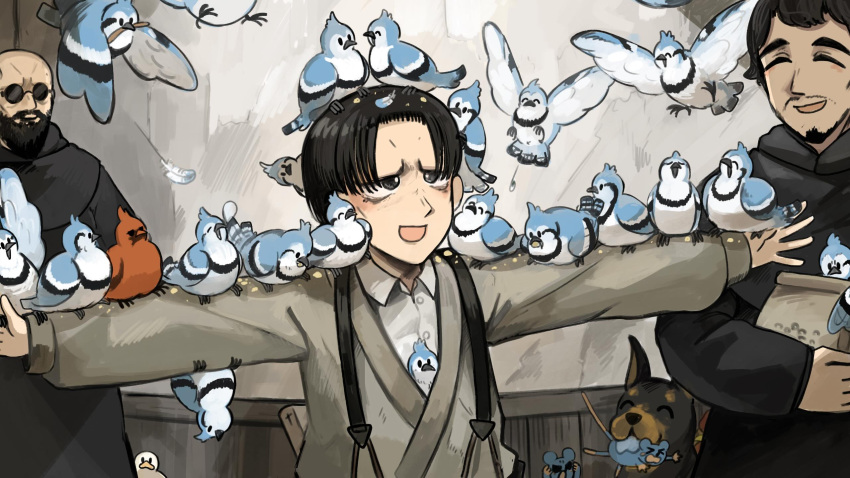 3boys, :d, aged_down, bald, beard, bird, black_hair, blue_jay
