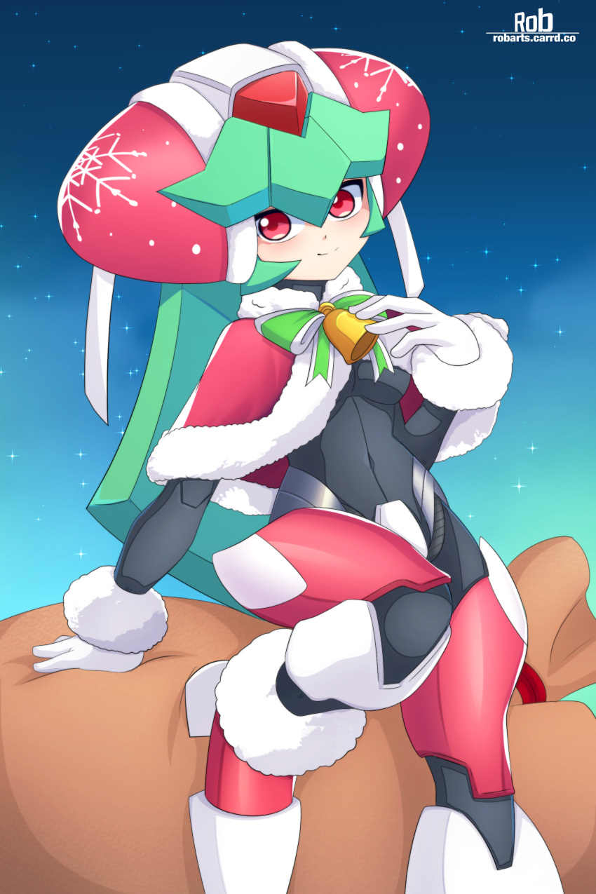 1girl, absurdres, artist_name, blue_background, capelet, christmas, commentary, crotch_plate