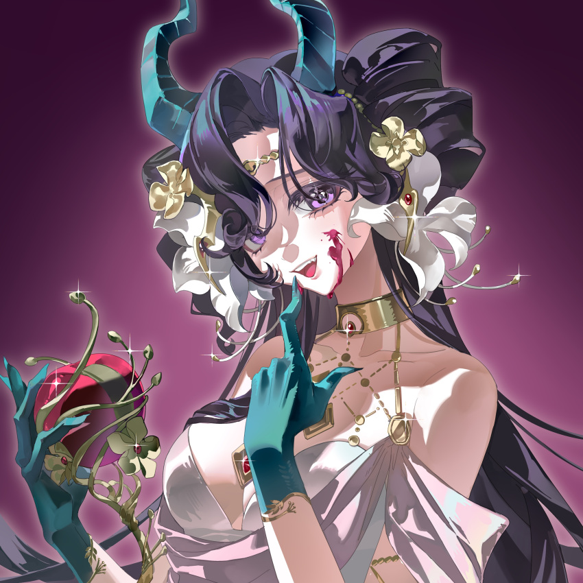 1girl, :d, absurdres, ambiguous_red_liquid, anjo_nala, anjo_nala_(forbidden_fruit), apple, bare_shoulders