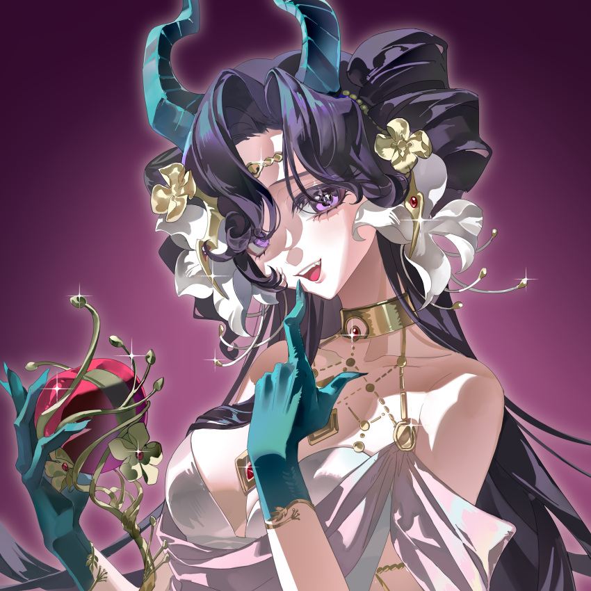 1girl, :d, absurdres, anjo_nala, anjo_nala_(forbidden_fruit), apple, bare_shoulders, black_hair