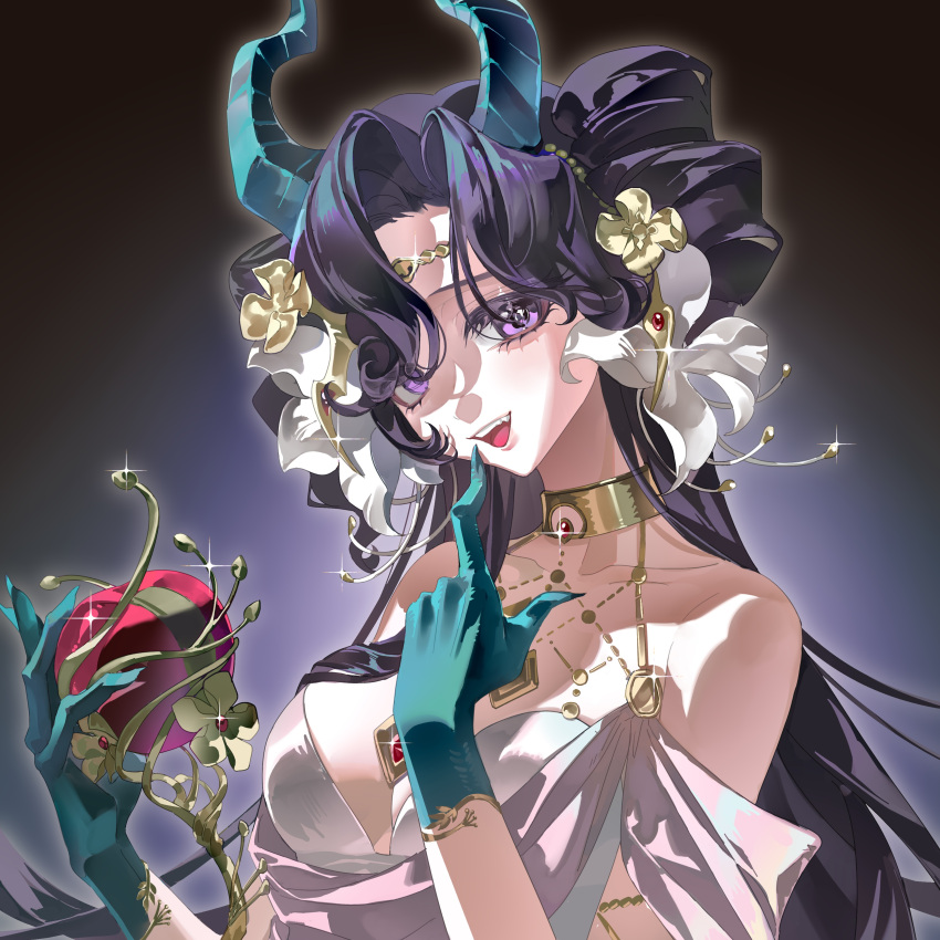 1girl, :d, absurdres, anjo_nala, anjo_nala_(forbidden_fruit), apple, bare_shoulders, black_hair