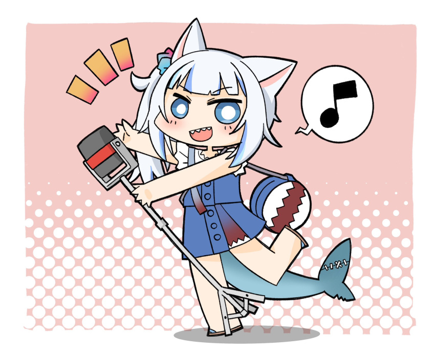 1girl, and_takashi, animal_ears, bag, blue_dress, blue_eyes, blue_hair, blunt_bangs, blush, cat_ears, chibi, chibi_only, dress, eighth_note, fins, fish_tail, gawr_gura, gawr_gura_(casual), halftone, halftone_background, highres, holding, holding_microphone_stand, hololive, hololive_english, leg_up, looking_at_viewer, microphone_stand, multicolored_hair, musical_note, notice_lines, official_alternate_costume, open_mouth, shark_girl, shark_tail, sharp_teeth, shirt, shoulder_bag, sleeveless, solo, spoken_musical_note, standing, standing_on_one_leg, streaked_hair, tail, teeth, upper_teeth_only, virtual_youtuber, white_hair, white_shirt