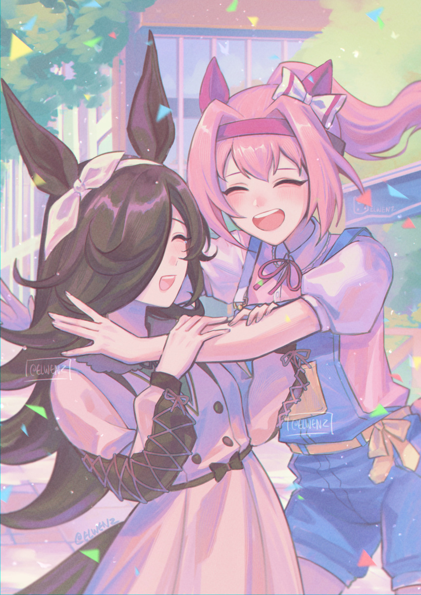 2girls, absurdres, animal_ears, blue_overalls, blush, bow, bow_hairband, brown_dress, brown_hair, casual, closed_eyes, collared_dress, dress, ear_bow, ear_covers, elwenz, flipped_hair, hair_over_one_eye, hairband, haru_urara_(casual)_(umamusume), haru_urara_(umamusume), headband, highres, horse_ears, horse_girl, horse_tail, long_hair, long_sleeves, multiple_girls, official_alternate_costume, open_mouth, outdoors, overall_shorts, overalls, pink_hair, pink_headband, pink_shirt, ponytail, red_headband, ribbon, rice_shower_(casual)_(umamusume), rice_shower_(umamusume), shirt, short_sleeves, smile, tail, teeth, umamusume, upper_teeth_only, white_hairband