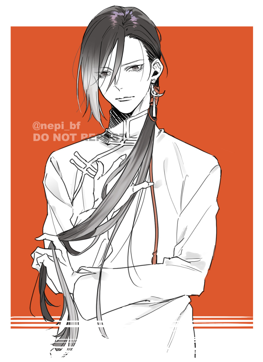 1boy, banana_fish, bishounen, black_hair, changpao, chinese_clothes, closed_mouth, commentary_request