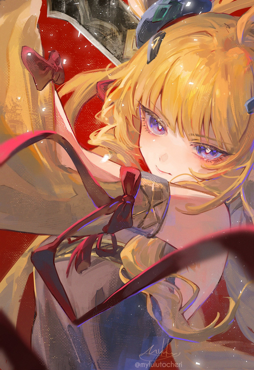 1girl, arknights, artist_name, black_dress, blonde_hair, bow, commentary, detached_sleeves, dress, frown, highres, horn_ornament, horns, leizi_(arknights), leizi_the_thunderbringer_(arknights), long_hair, long_sleeves, looking_at_viewer, myluche, portrait, red_background, red_bow, simple_background, solo, twitter_username, upper_body, violet_eyes, yellow_sleeves