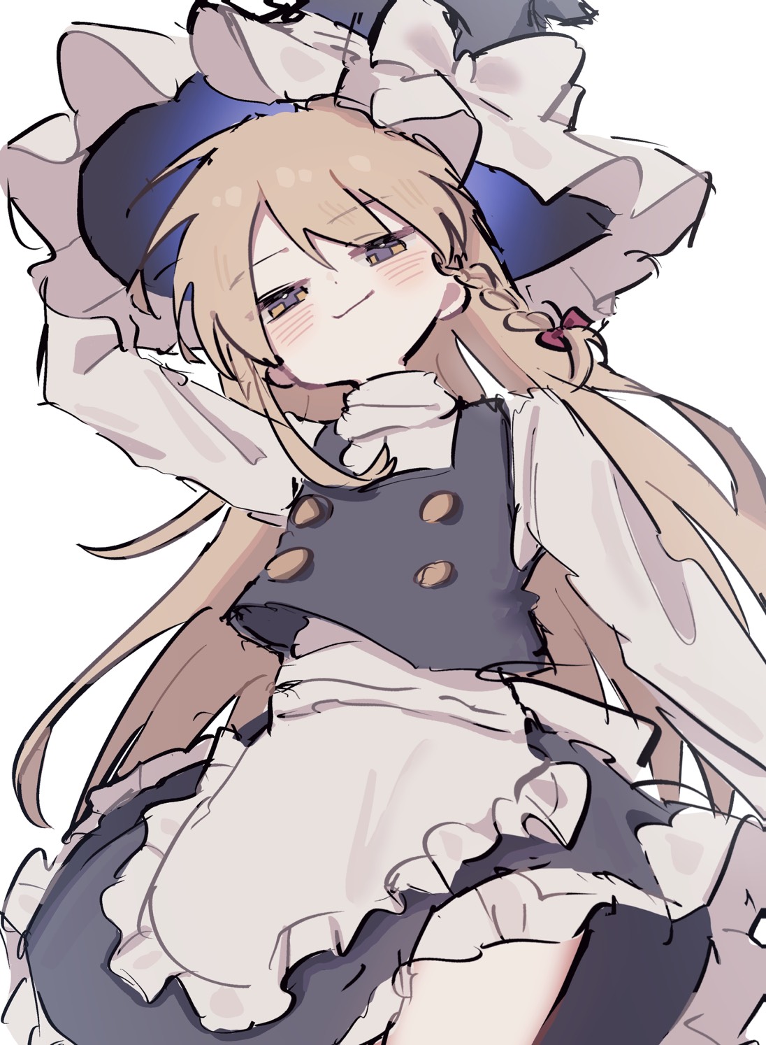 1girl, apron, black_skirt, black_vest, blonde_hair, blush, braid, closed_mouth