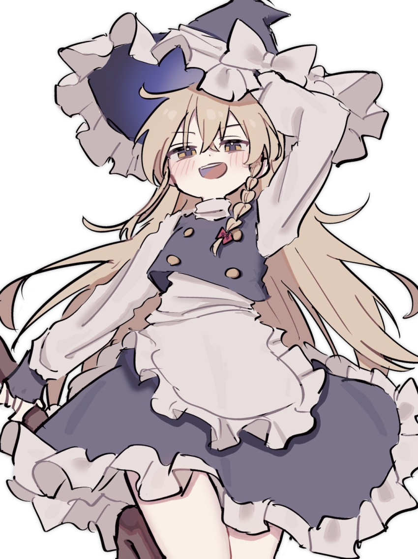 1girl, :d, apron, black_skirt, black_vest, blonde_hair, blush, braid, commentary, hand_on_own_head, hat, highres, kirisame_marisa, long_hair, long_sleeves, looking_at_viewer, maruten_moko, open_mouth, shirt, skirt, smile, solo, teeth, thighs, touhou, upper_teeth_only, vest, white_background, white_shirt, witch_hat, yellow_eyes