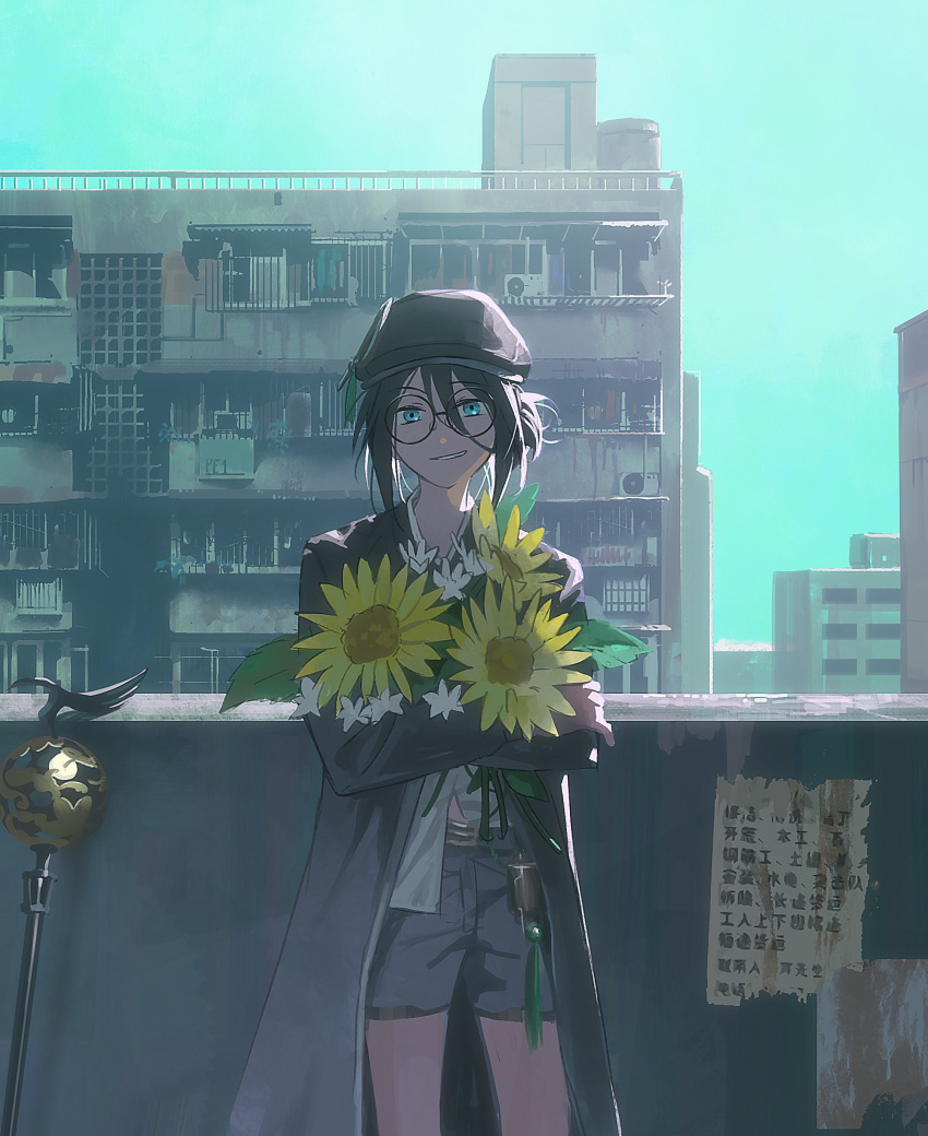 1girl, 789illust, absurdres, apartment, black_hair, black_hat, black_jacket, black_shorts