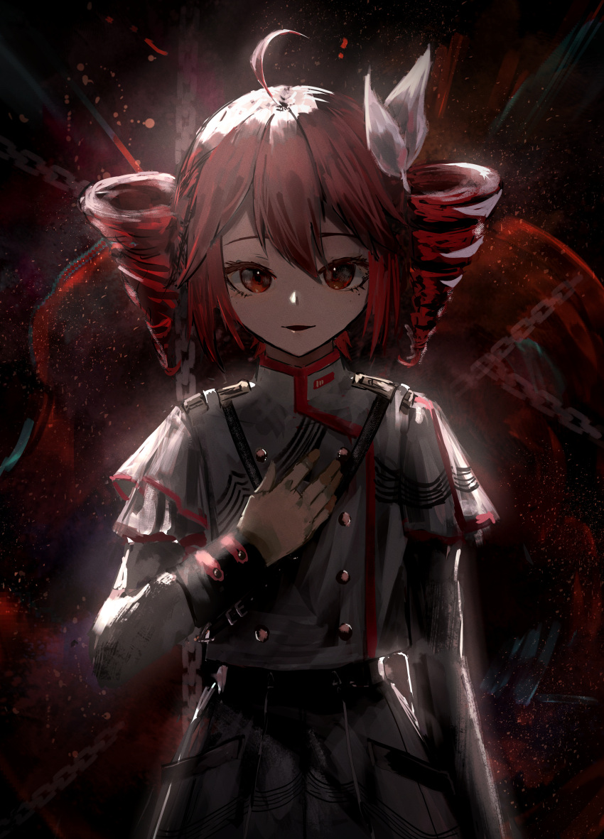 1girl, absurdres, ahoge, belt, black_belt, buttons, chain, cokei, cowboy_shot, double-breasted, double-parted_bangs, drill_hair, grey_jacket, grey_skirt, hair_ribbon, hand_on_own_chest, highres, jacket, kasane_teto, kasane_teto_(sv), long_sleeves, looking_at_viewer, parted_lips, pleated_skirt, red_hair, red_trim, ribbon, short_hair, shoulder_belt, shoulder_boards, skirt, sleeve_cuffs, smile, solo, straight-on, synthesizer_v, twin_drills, twintails, utau, white_ribbon
