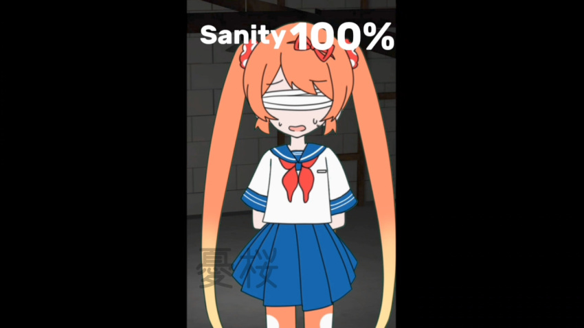 1girl, blindfold, commentary_request, english_text, long_hair, looking_at_viewer, mesmerizer_(vocaloid), open_mouth, orange_hair, osana_najimi_(yandere_simulator), parody, school_uniform, serafuku, shirt, short_sleeves, skirt, solo, thigh-highs, yuu_sakura_urara