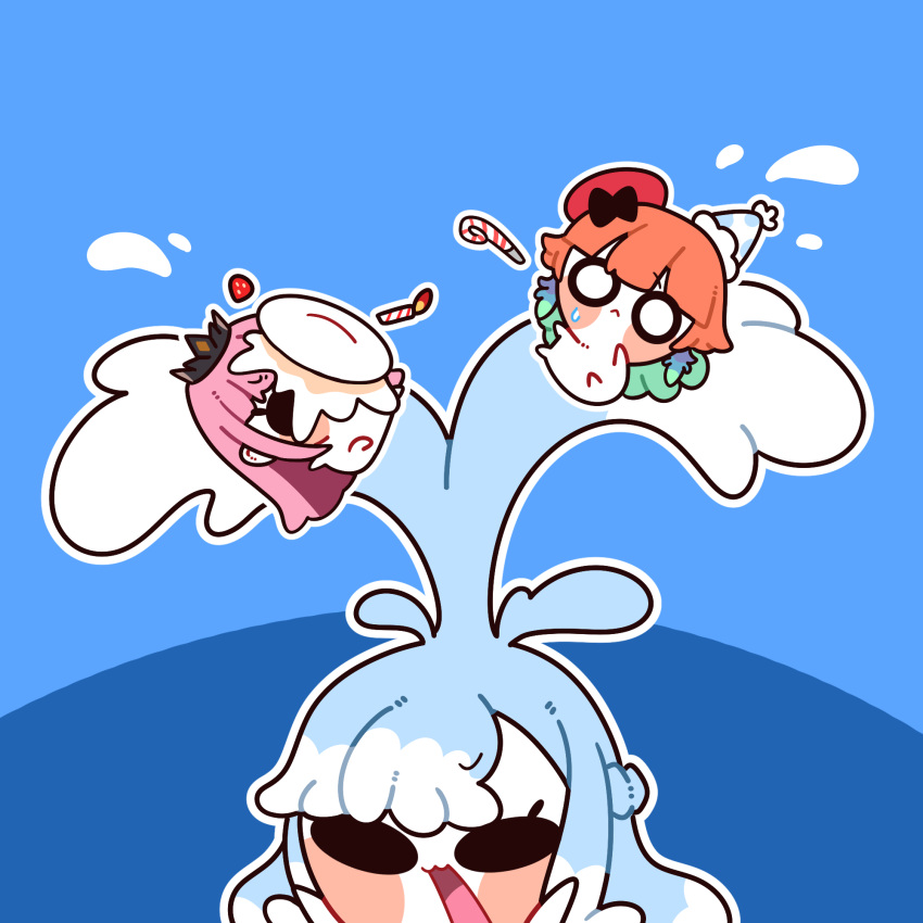 252_eyo, 3girls, :<, black_tiara, blue_hair, blush_stickers, cake, chibi
