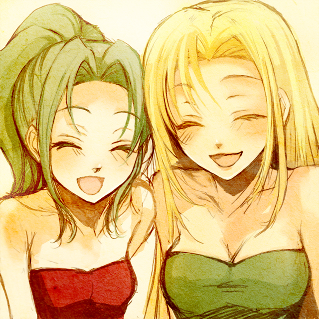 2girls, blonde_hair, blush, breasts, celes_chere, cleavage, closed_eyes, eyes_closed