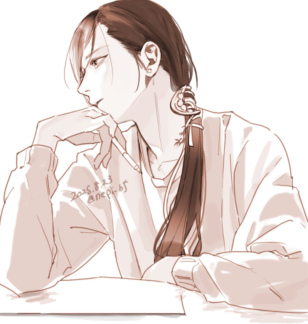 1boy, banana_fish, closed_mouth, collarbone, commentary_request, dated, earrings, elbow_rest