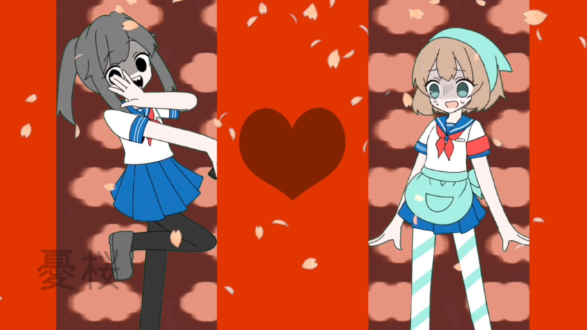 2girls, amai_odayaka, apron, ayano_aishi, blush, brown_hair, commentary_request, drill_hair
