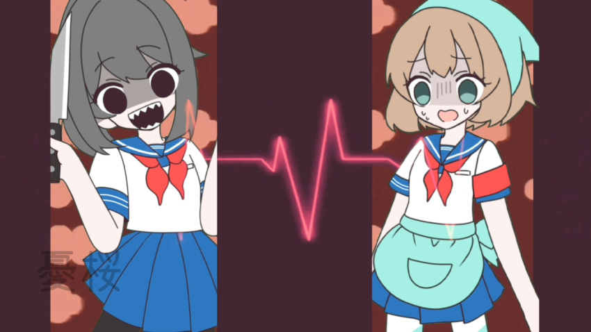 2girls, amai_odayaka, apron, ayano_aishi, blush, brown_hair, commentary_request, drill_hair