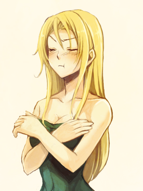 :t, bare_shoulders, blonde_hair, blush, breasts, celes_chere, cleavage, closed_eyes
