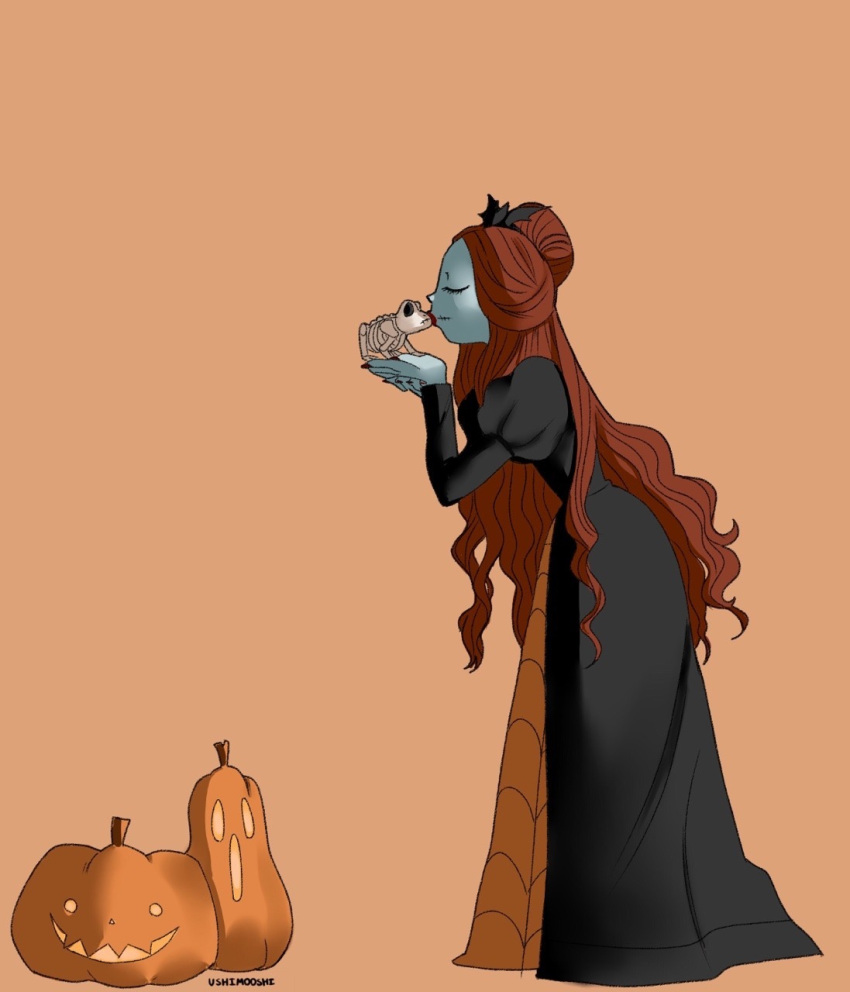 1girl, commentary_request, dress, frog, highres, kiss, long_hair, open_mouth